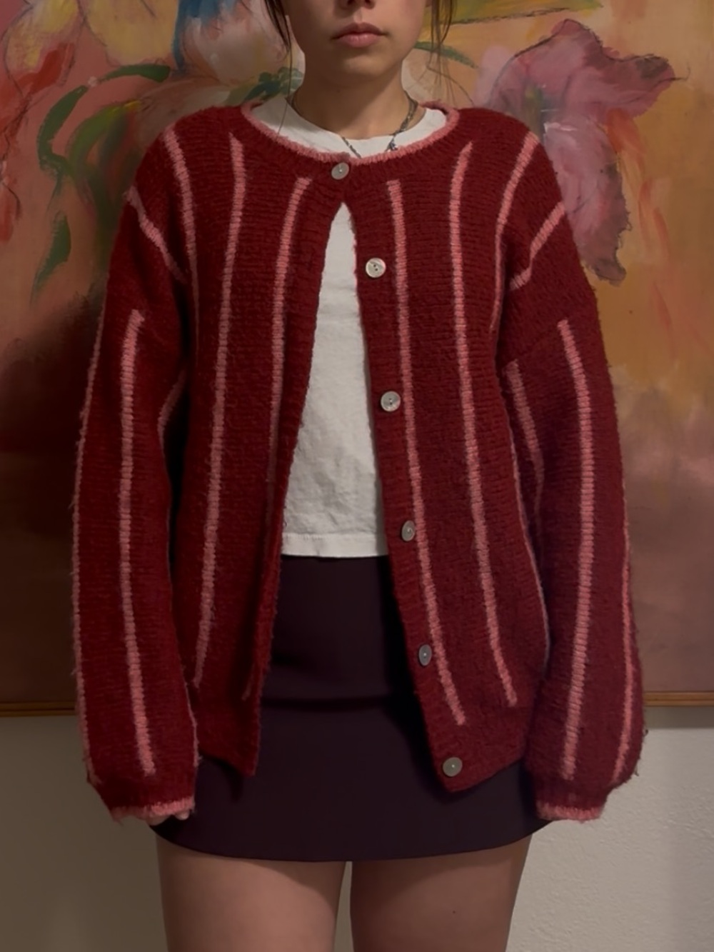Simons Red and Pink Striped Wool Cardigan